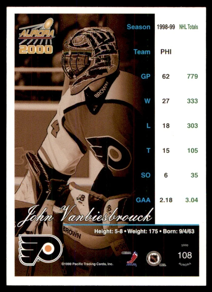 1999-00 Pacific Aurora John Vanbiesbrouck Philadelphia Flyers #108 - Image 2 of 2