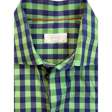 Eton Contemporary Mens Gingham Dress Shirt Long Sleeve Green Navy Size 40 15 3/4