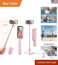 Portable 40in Selfie Stick Tripod with Adjustable Light & Remote – Pink Edition