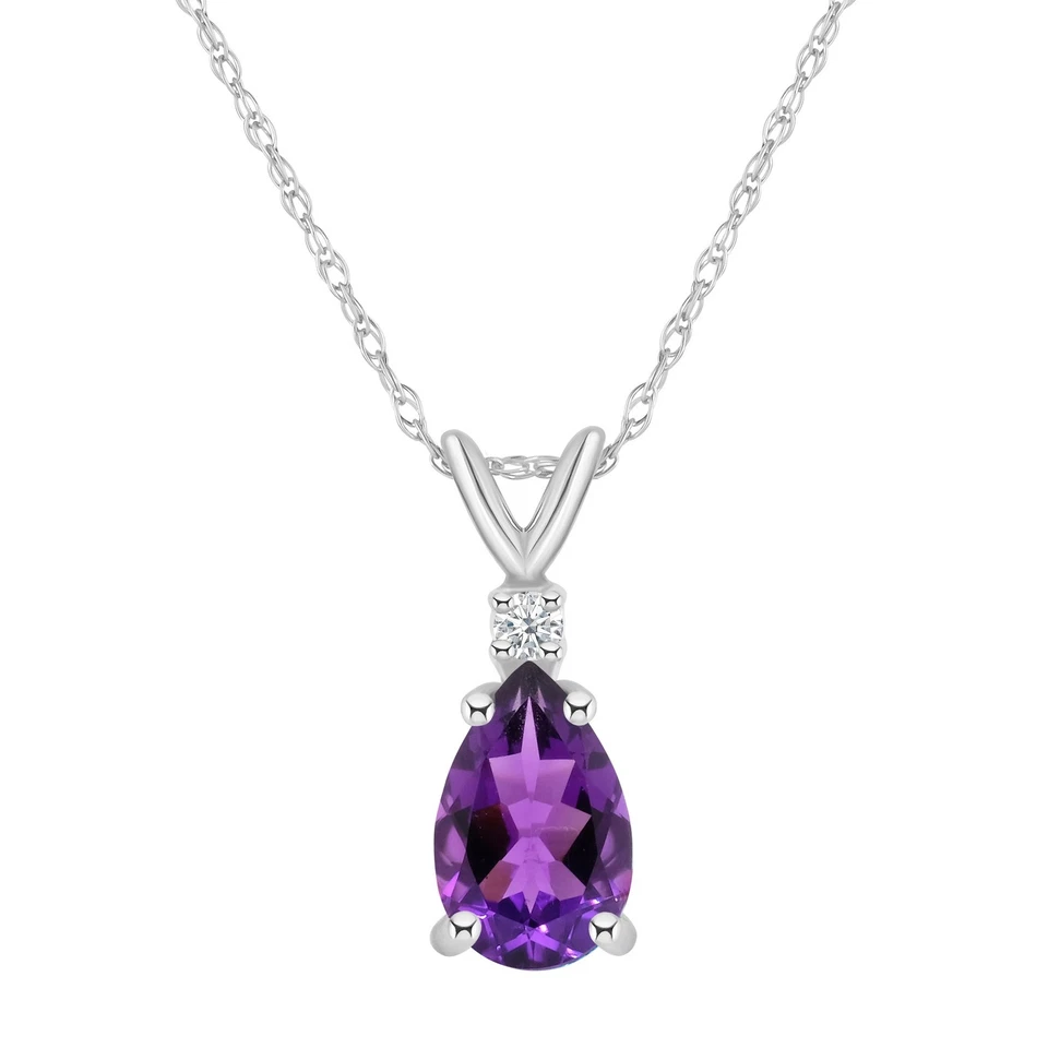 14K White Gold 8x5mm Pear Shape Genuine Natural Amethyst Diamond Accent Pendant - Image 2 of 4