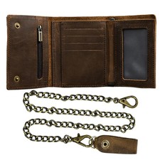 Men's Tri-fold Vintage Biker Cowhide Top Grain Leather Steel Chain Wallet, Ch...