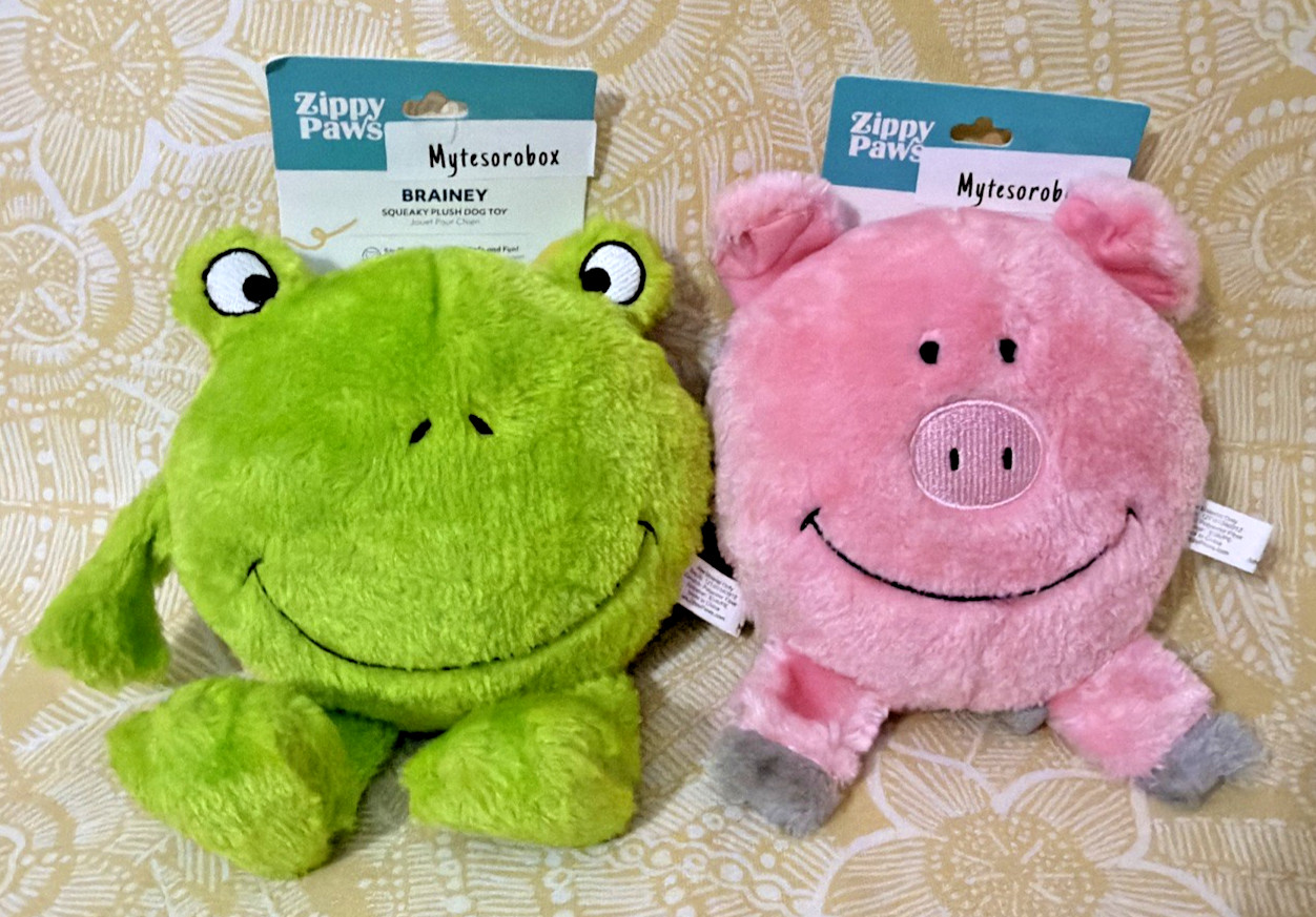 ZippyPaws 2-Pack BRAINEY FROG & PIG Plush Squeakie Dog Toy N