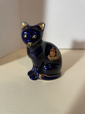 Limoges Castel France Cobalt Blue Porcelain Cat Kitten Figurine 22K Gold 4  EUC