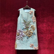 Womens Jacquard Nail Bead Luxurious Slimming Fit Sleeveless Retro A-line Dress