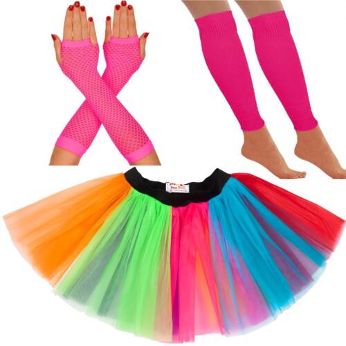 WOMENS TUTU SKIRT SET NEON LEGWARMERS GLOVES 80'S FANCY DRESS HEN PARTY 8-22 UK - Picture 3 of 11