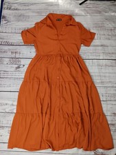 Shein Maxi Dress Women’s Medium Bern Orange Tiered Button Down Short Sleeve Boho