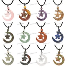 30mm Crystal Reiki Gemstone Crescent Moons Star Pendant Necklace 22"