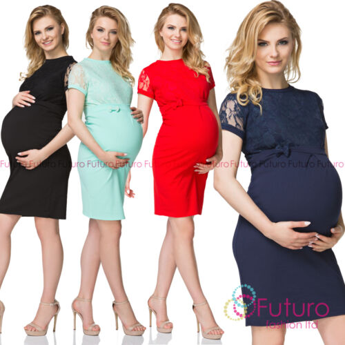 Maternity Short Sleeves Round Neck Knee Lenght Peganancy Dress With Lace FK1573 - Picture 1 of 3