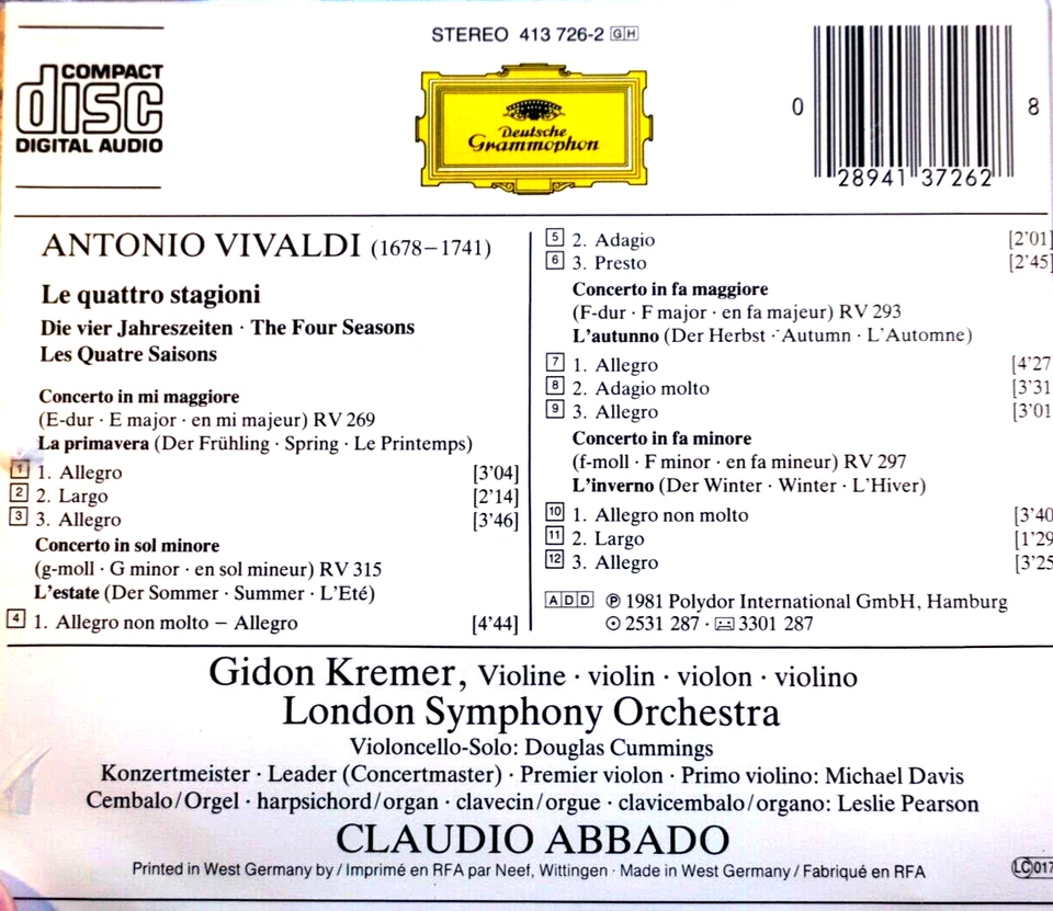 Vivaldi - The Four Seasons, Кремер, Лондонский симфонический оркестр, Аббадо - компакт-диск, очень хорошее состояние - Изображение 2 из 2