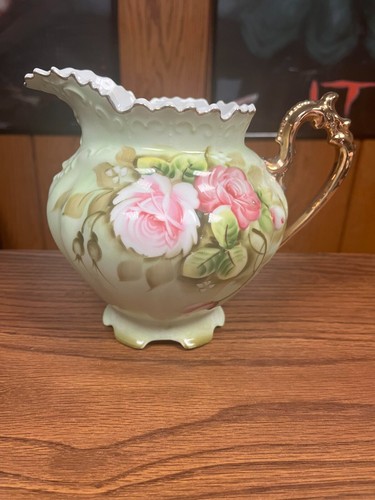 VINTAGE LEFTON CHINA # 796 - 6'' TALL HAND PAINTED GREEN ROSES PITCHER