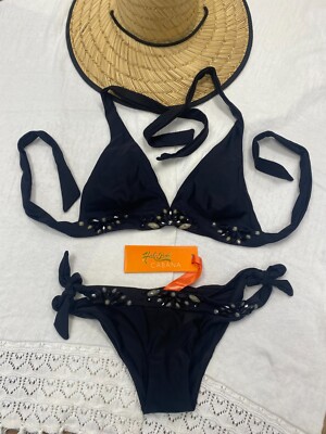 Hale Bob 2 PC Black Bikini Swimsuit Set Bead Detail XS 9BDF9002 9BDF9003
