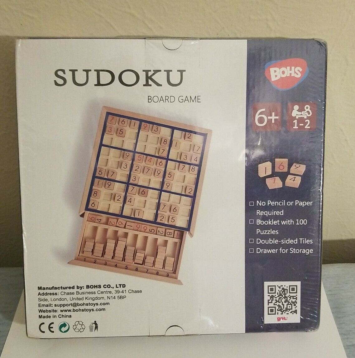  BOHS Wooden Sudoku Board Game with Drawer - with Book of 100  Sudoku Puzzles for Adults - Brain Teaser Desktop Toys : Toys & Games