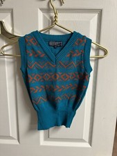 VNT 80s 70s Jc Penny Vest Sweater Kids 5 Length 15 Chest 26 Teal Geometric