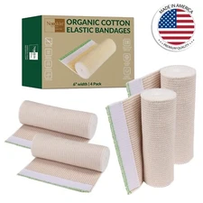 Nexskin 6” (4 Pack) Organic Cotton Bandages Wrap Hook & Loop Fasteners USA Made