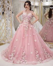 Princess Pink Florals Wedding Dresses Lace Appliques Cubic Floral Glitter Bridal