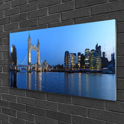 Tableau Moderne Sur Verre 100x50 Cm - Impression Gratte-ciel Ville Bleu Rouge Par Tulup