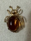 Vintage Amber Glass Cab Costume Jewelry Gold Tone Spider Pin