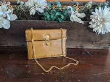 Borsa a tracolla vintage anni 70 Robert Bastien marrone chiaro con bordo in metallo dorato con catena