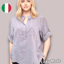 Italy Bluse Oversized Damen Tunika Fischerhemd Leinen Optik Grau  38 40 42 NEU