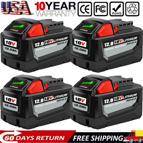 4 PACK 12AH For Milwaukee 18V For M18 Lithium-ion Battery 48-11-1880 48-11-1860