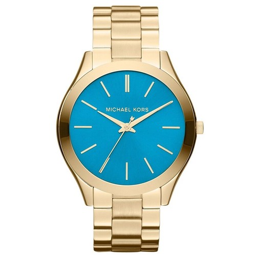 NEW MICHAEL KORS SLIM RUNWAY MK3265 GOLD/TURQUOISE BLUE WOMENS QUARTZ WATCH - Picture 2 of 8
