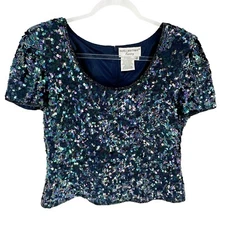Adrianna Papell Boutique Top Women 12 Blue Purple Sequin Silk Evening Party Glam