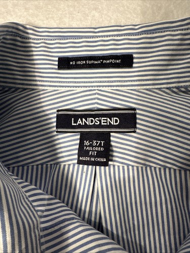 Lands End Button Supima No Iron Blue Stripe Shirt Size 16.5-37 Tall Tailored Fit