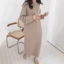 Women's 100% Wool Round Neck Wool Dress Thick Winter Casual Straight Long Skirts