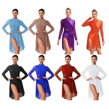Womens Dress Training Dancewear One Piece Skirts Asymmetric Rhinestone Lyrical