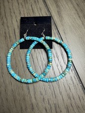 Handcrafted Turquoise Beaded Round Hoop Dangle Earrings Silver Hook Closure