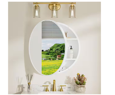 KeonJinn 28x28in Round White Metal Framed Surface Mount Medicine Cabinet Mirror