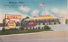 Postcard PA Montgomeryville Pennsylvania Bellevue Diner Tall American Flag A30
