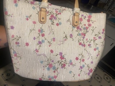 Le Tanneur Beige Floral Tote Zip Closure Double Leather Handles Lined Pockets