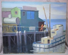 James Gordon Merbs (1902-1972) Monterey Wharf 1950 American Realism Oil Painting