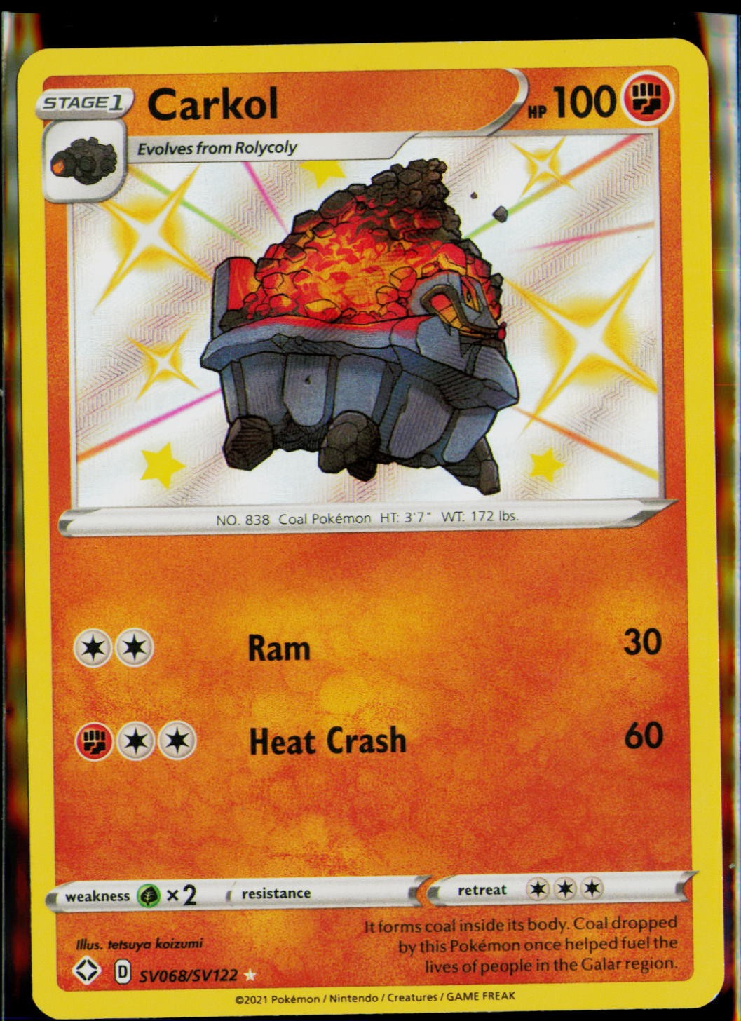 Carkol SV068/SV122 Shiny Rare Shining Fates Shiny Vault Pokemon Holo NM/M
