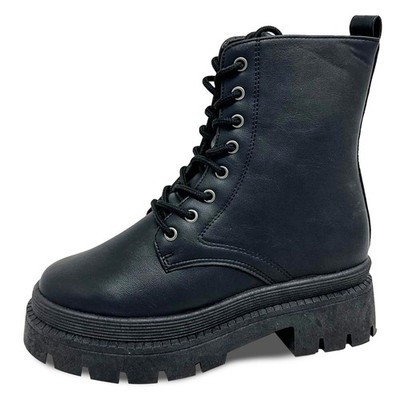 A2Z Damen Schnürstiefel klobig Kampfstiefel stilvoll schwarz PU Knöchelschuhe