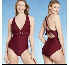 Kona Sol Women's Macrame Medium Coverage One Piece Swimsuit Burgundy Size Medium