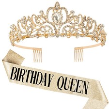Birthday Queen Sash  Rhinestone Tiara Set Gold Happy Birthday Crowns for Wom...