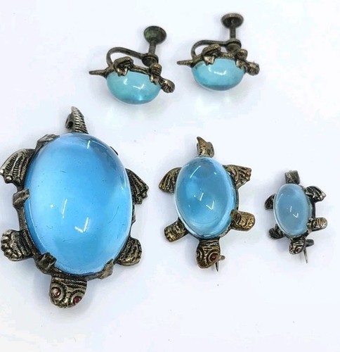 Antique Art Deco Blue Jelly Belly Turtle Set 3 Brooch/ Earrings Brass