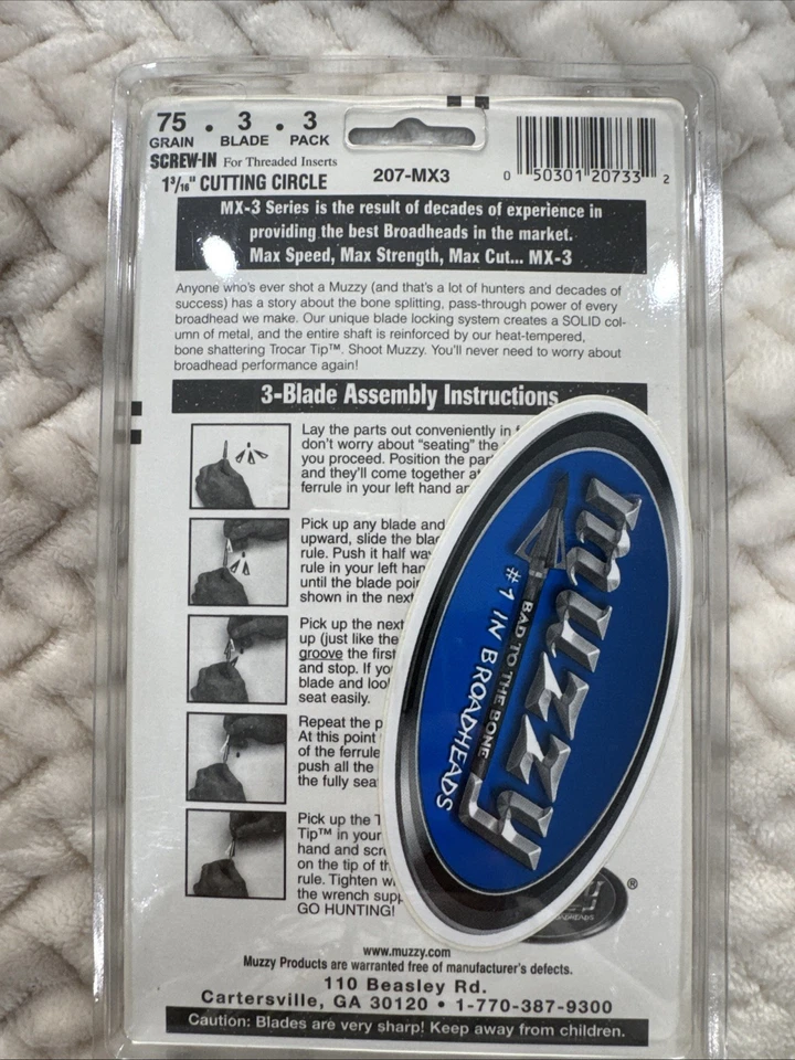 Muzzy Bad to the Bone Broadheads - MX-3. 75GR. 75 Grain 1 3/16”cut, 3 Blade - Image 2 of 2