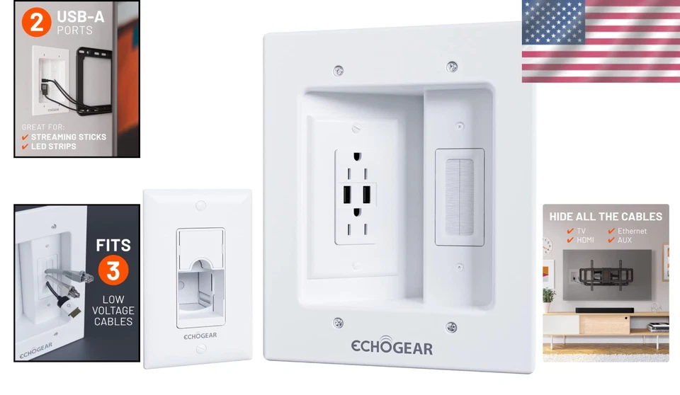 墙线收纳盒带 USB 端口 - 白色 — 第 2/4 张图片