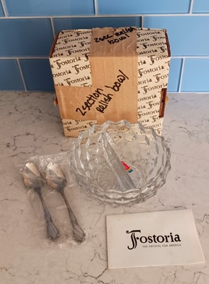 #ad #ad Vtg Fostoria 2 Part Divided Dish in Geometric Cubist Pattern w Original Spoons $35.00