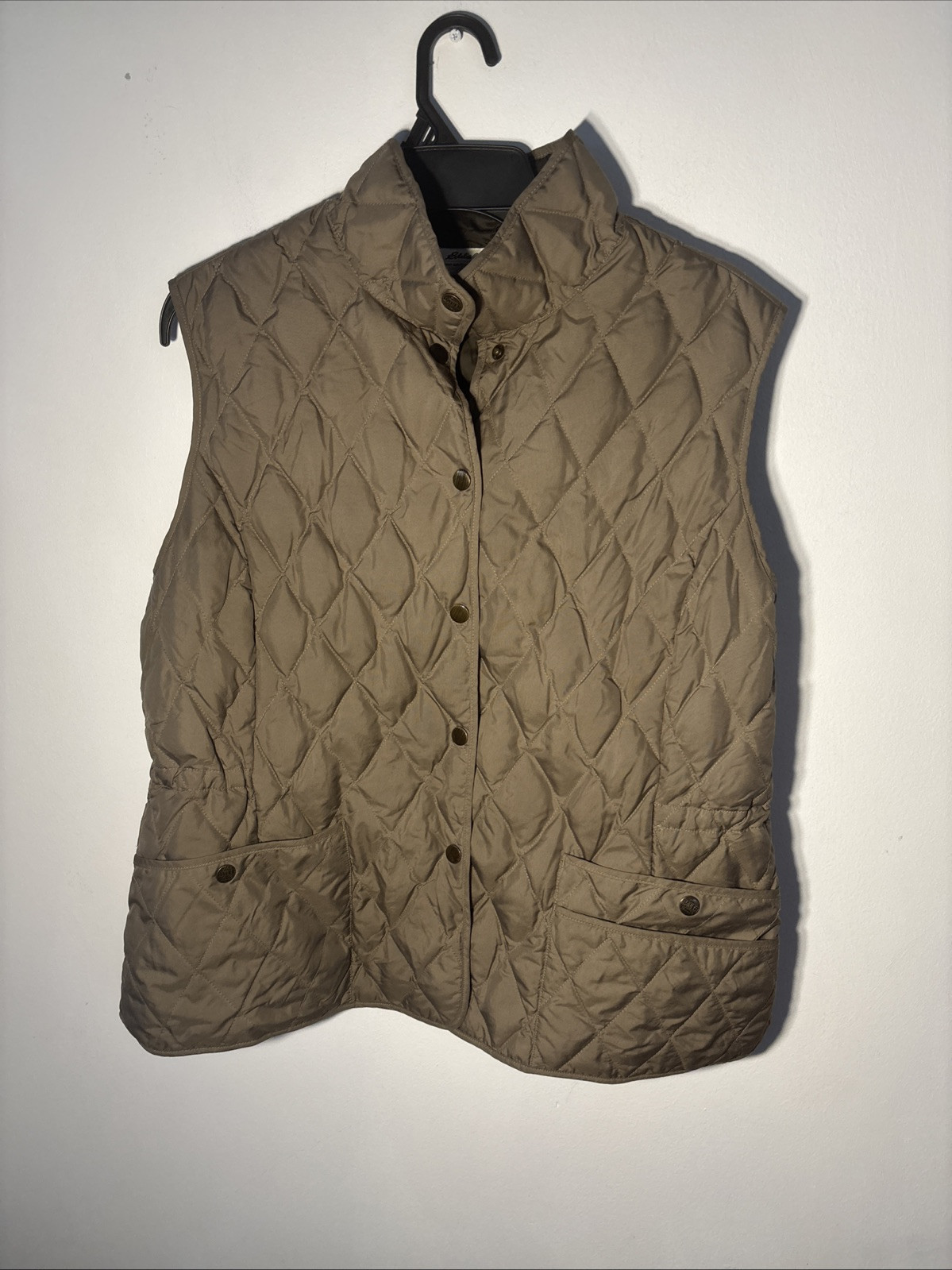 Eddie Bauer Goose Down quilted Vest Jacket brown tan Snap Up Womens M
