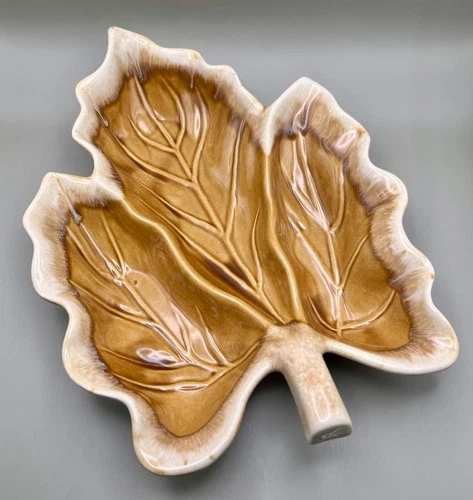 Vintage Mid Century Hull Maple Leaf Brown Drip Glaze Serving Dish