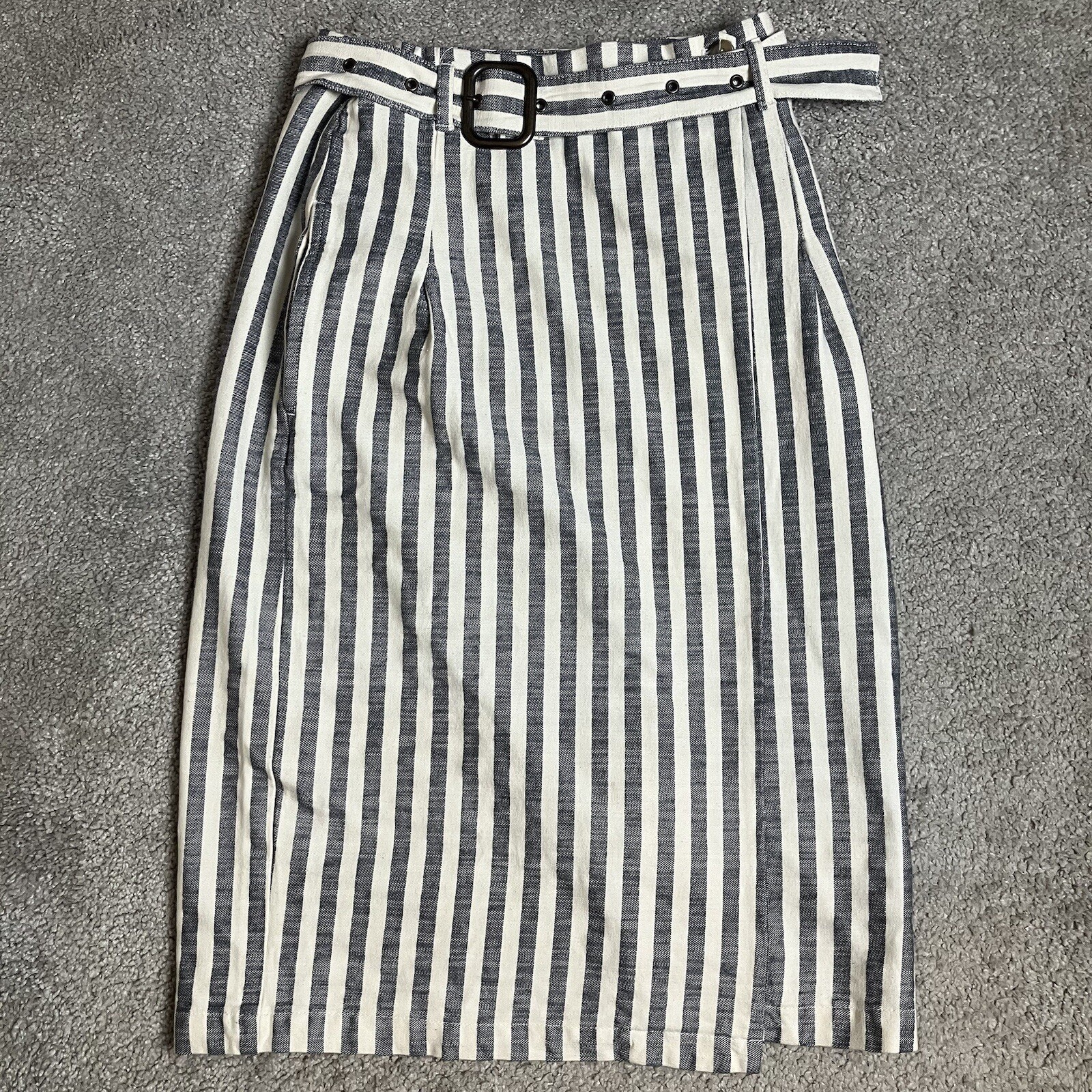 Anthropologie Women's Navy Blue Cream Striped Midi Skirt Size 2