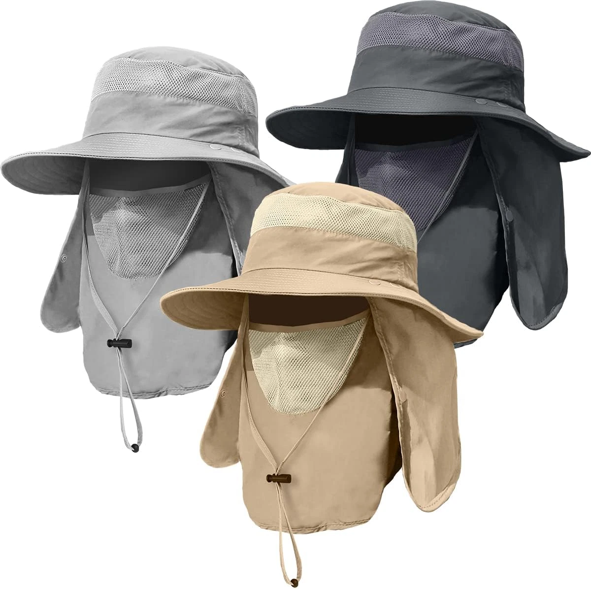3 Pack Mens Outdoor Wide Brim Fishing Hat,UPF 50+ Sun Protection Cap with Face N
