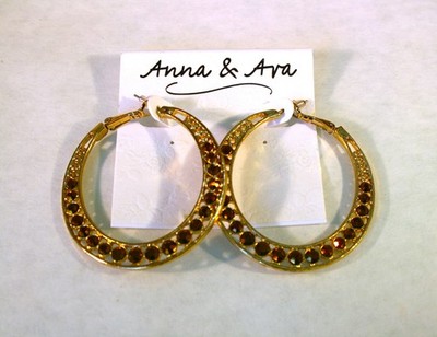 Anna & Ava gold tone sparkle brown crystal double edge hoop dangle earrings 2''