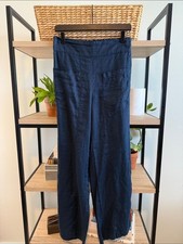 Tahari 100 Linen High-Rise Pocket Wide Leg Navy Pants, Small