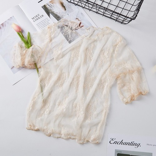 See Through Lace Backing Shirt Chiffon with Hollow Out Mesh Top Ladies - Picture 13 of 14