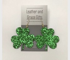 St Patrick Faux Leather Green Glitter Shamrock Earrings St Patty
